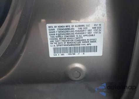 2010 Honda Pilot Ex из США, поврежденный, VIN 5FNYF4H45AB035930